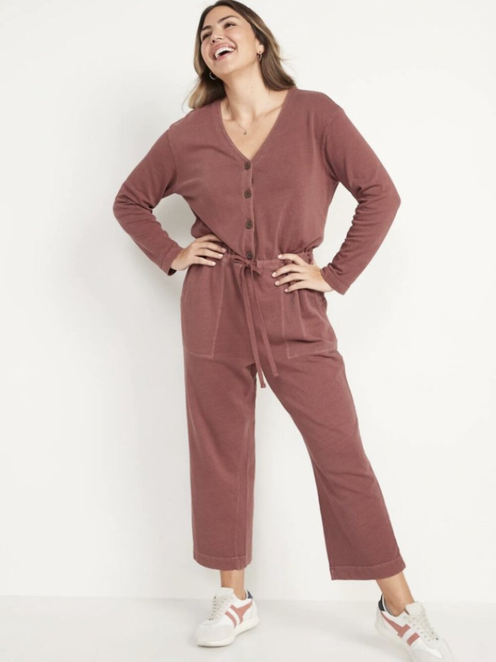 Old Navy Womens Medium Mauve Button Front Tie Waist Jumpsuit Long Sleeve Relaxed